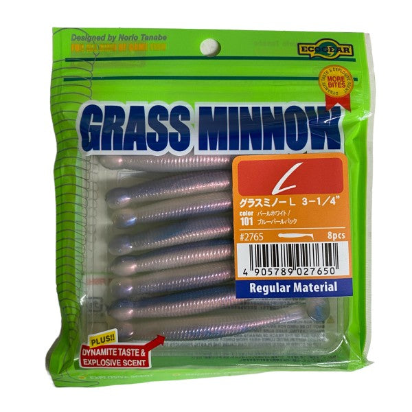 ECOGEAR GRASS MINNOW-L 3-1/4" 85mm (8 pcs/pack) 101 PEARL WHITE/BLUE PEARL BACK
