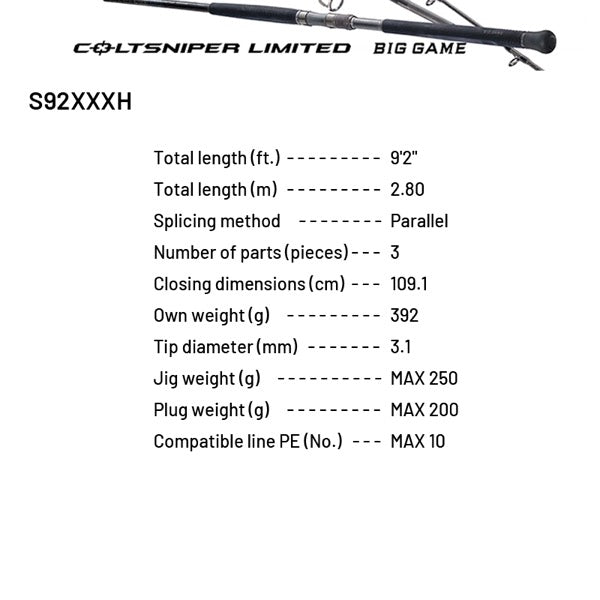 SHIMANO 24 COLTSNIPER LIMITED BIG GAME S92XXXH (3 pieces, Spinning)