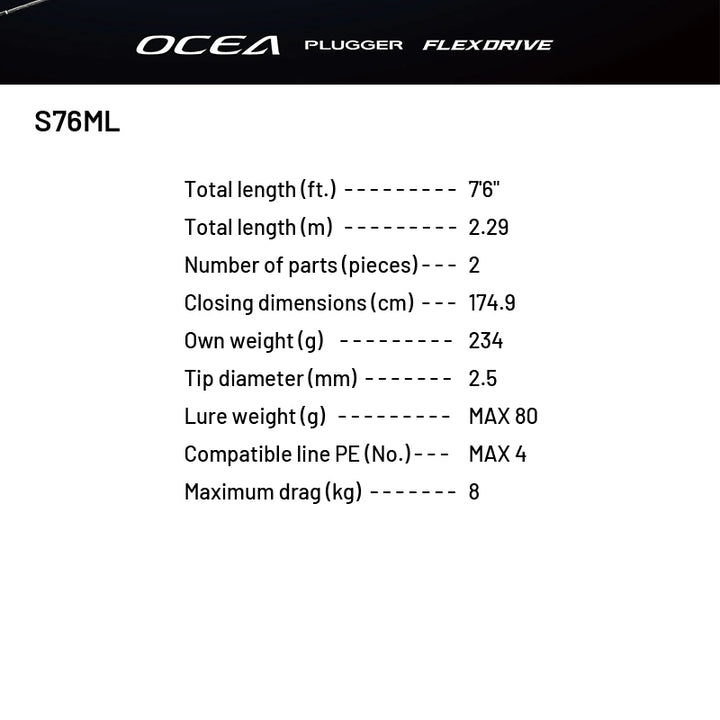 SHIMANO 22 OCEA PLUGGER FLEX DRIVE S76ML (1 pce-Grip Joint, Spinning)