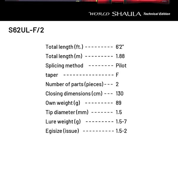 SHIMANO 24 WORLD SHAULA TECHNICAL EDITION S62UL-F/2 (2 pieces, Spinning)
